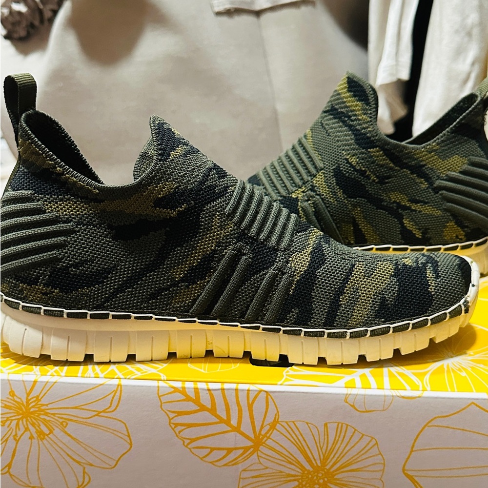 Yellow Box Green and Black Camo Slip-On Sneakers